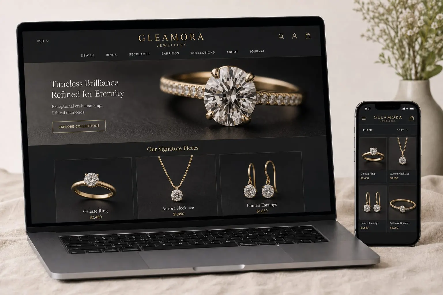 GLEAMORA Jewellery website template preview